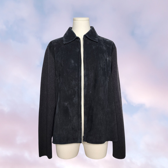 Y2k High Sierra Black Suede Leather Knitted Zip Up Collared Goth Jacket Sz XL - Picture 2 of 8